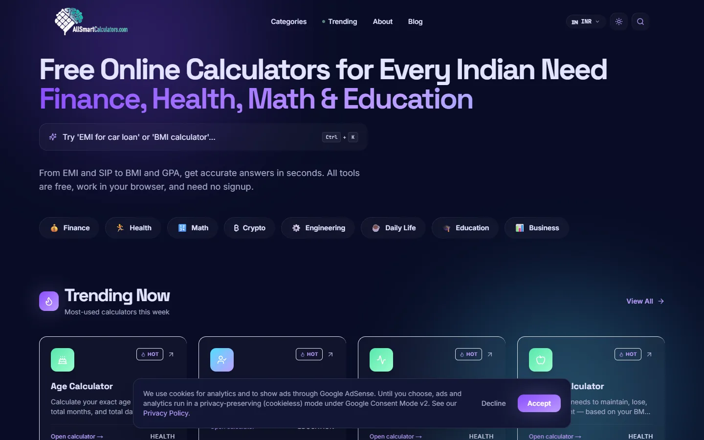 CalcVerse homepage